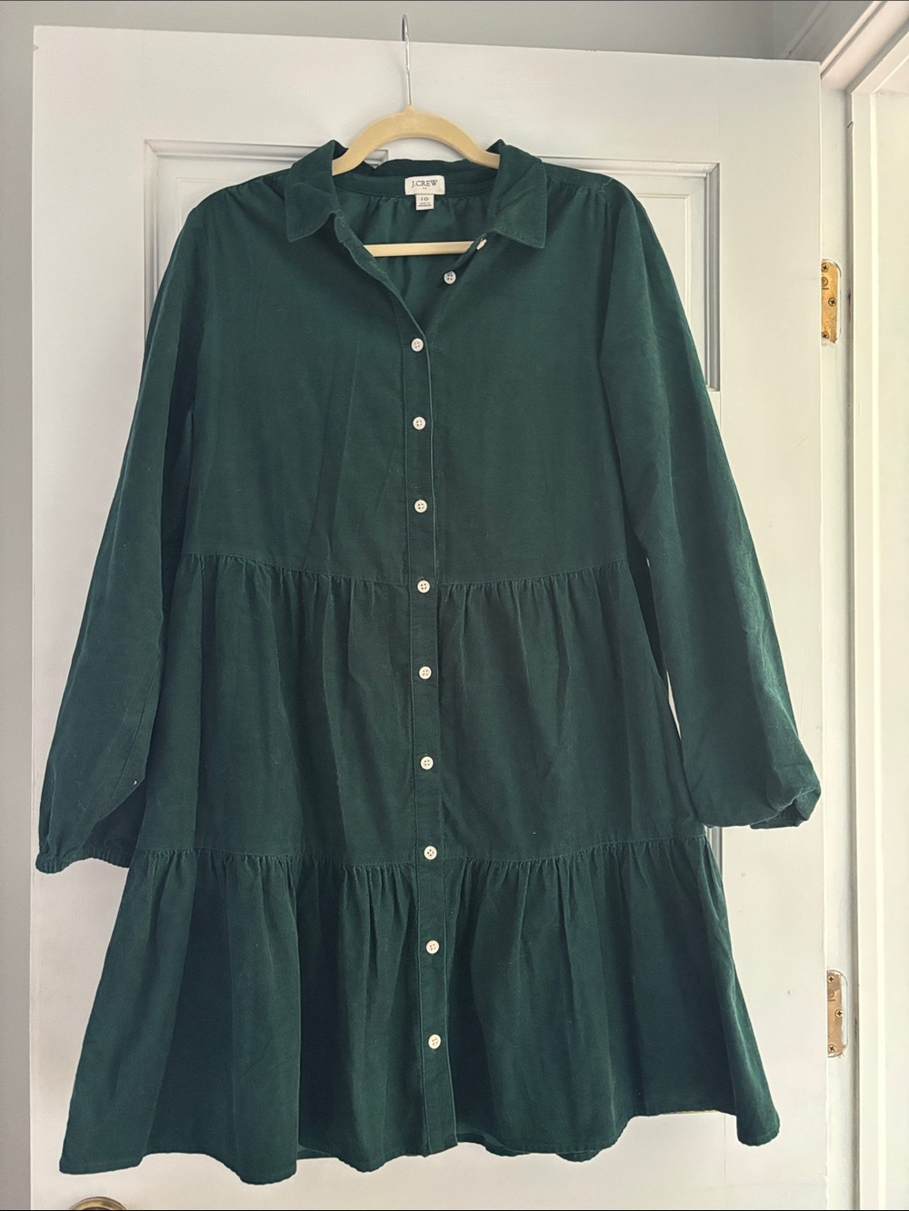J. Crew Dark Green Corduroy Tiered Button-Down Dress